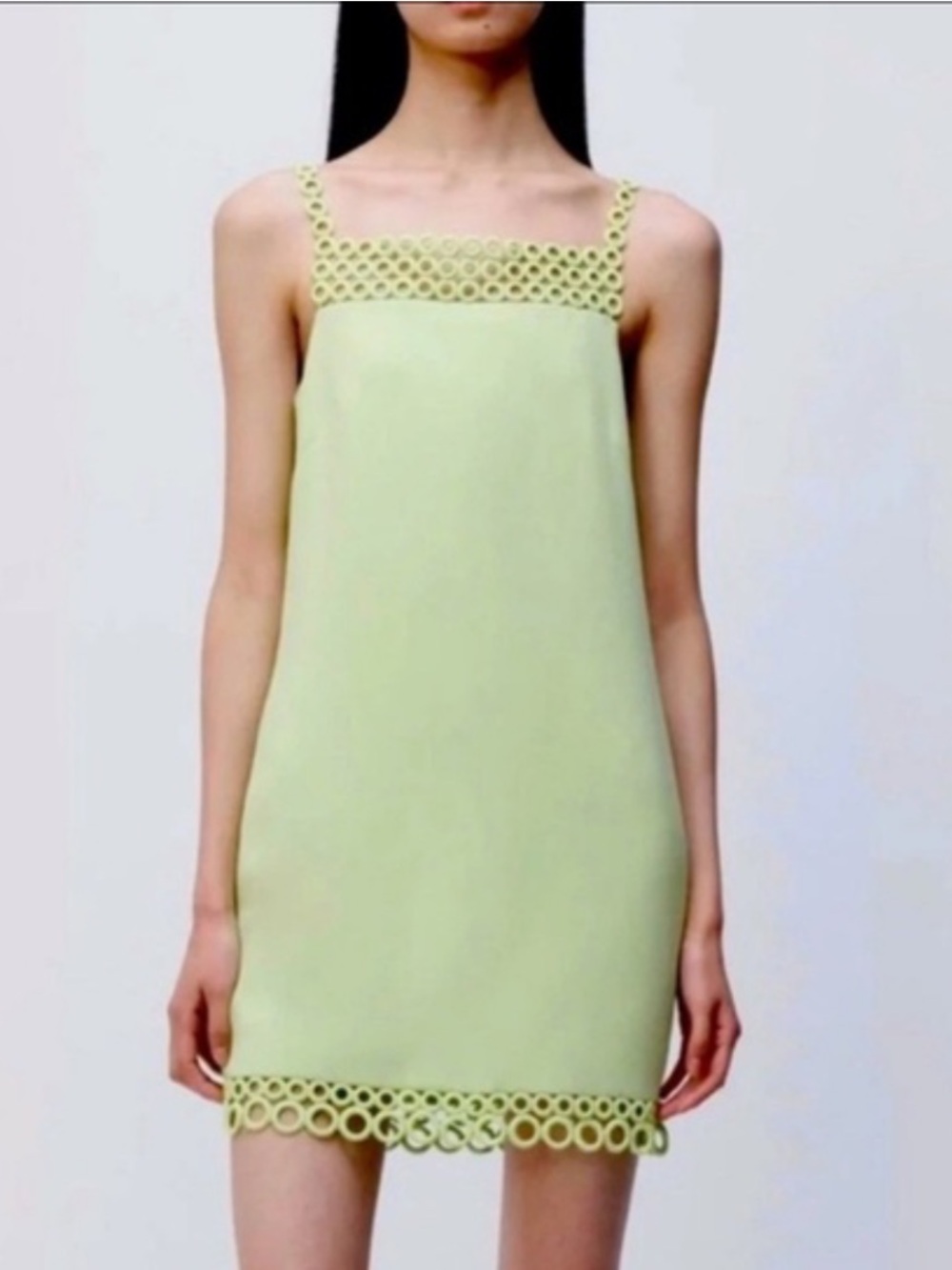 Jonathan Simkhai Pale Lime Shift Mini Dress with Eyelet Trim